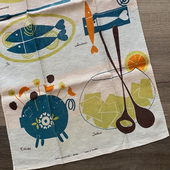 VTG 1950s 1960s Linen Dish Towel Smorgasbord Louise Fougstedt Made in Sweden - Picture 2 of 10